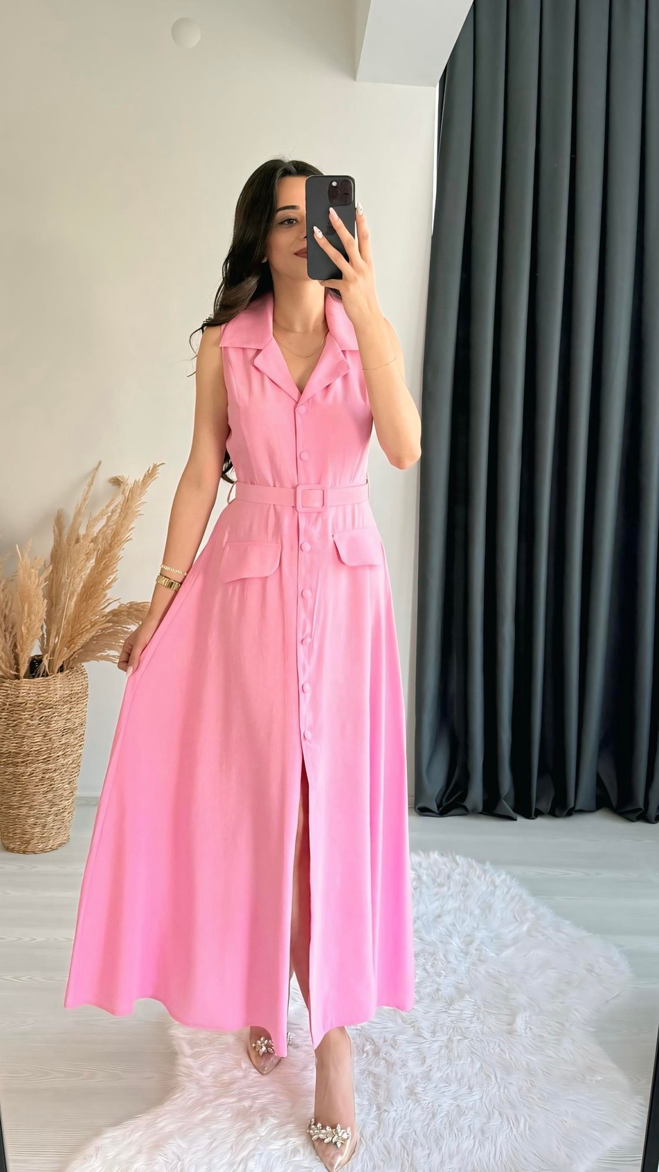 Olyvia Tensel Kumaş Lüx Kalite Düğmeli Kemerli Maxi Elbise Pembe
