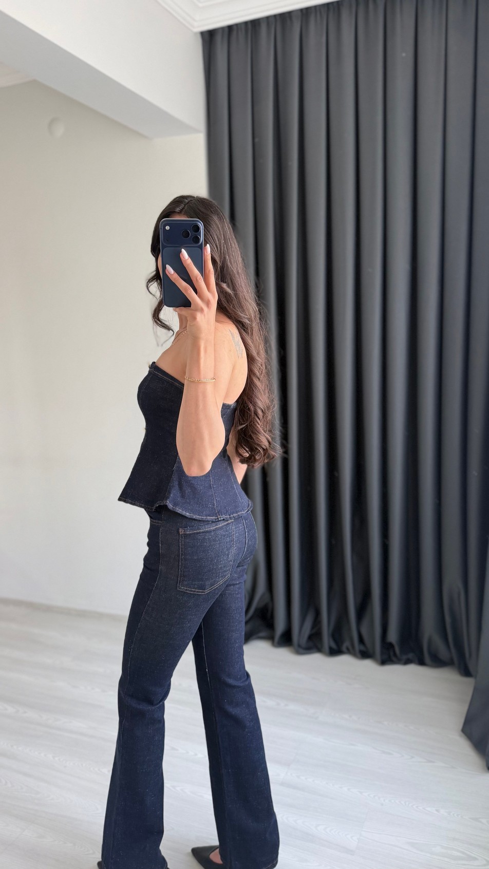 Oriante Denim Straplez Volanlı Takım