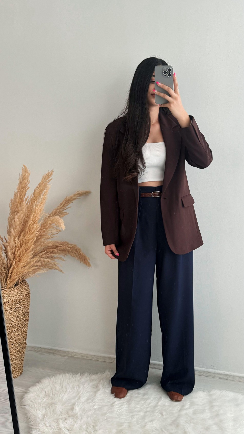 Oversize Vatkalı Double Atlas Kumaş Blazer Ceket Kahve