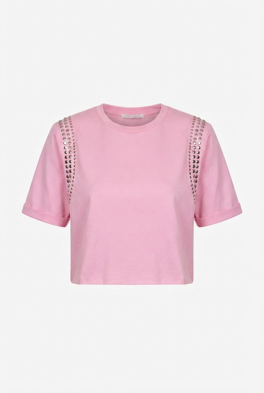 Pinky Omuz Vatka Detaylı İşlemeli Pembe Crop Tshirt