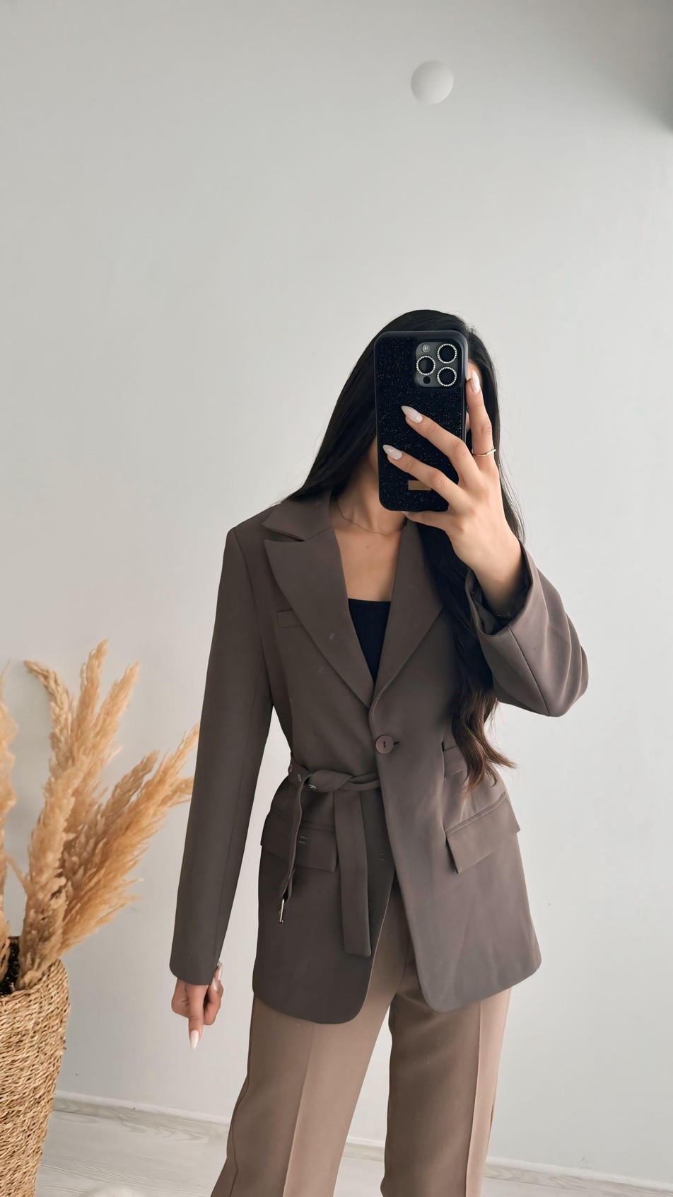 Premium Kalite Kemerli Astarlı Double Kalın Kumaş Blazer Ceket Kahve