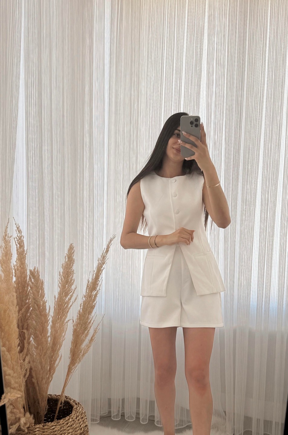 Premium Seri Pinterest Model Şort Yelek Takım Beyaz