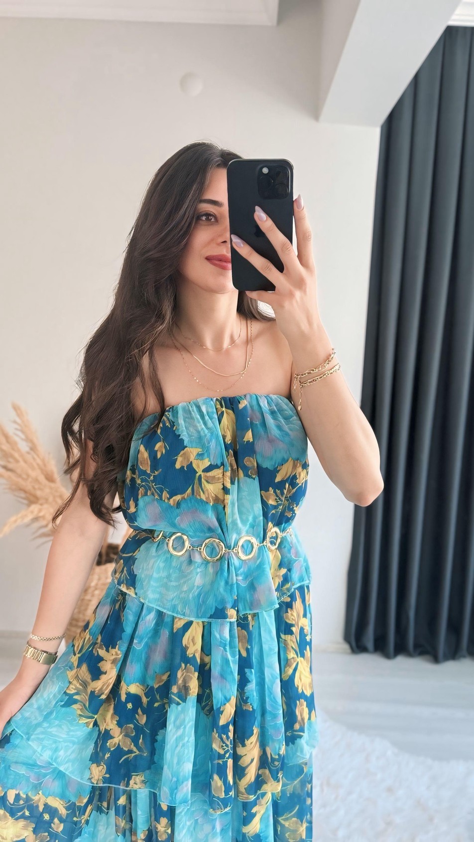 Princes Mavi Çiçek Desenli Katlı Elbise
