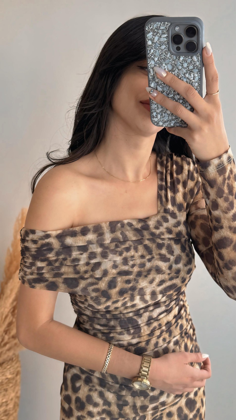 Quade Leopar Desenli Drape Detaylı Tül Midi Elbise 