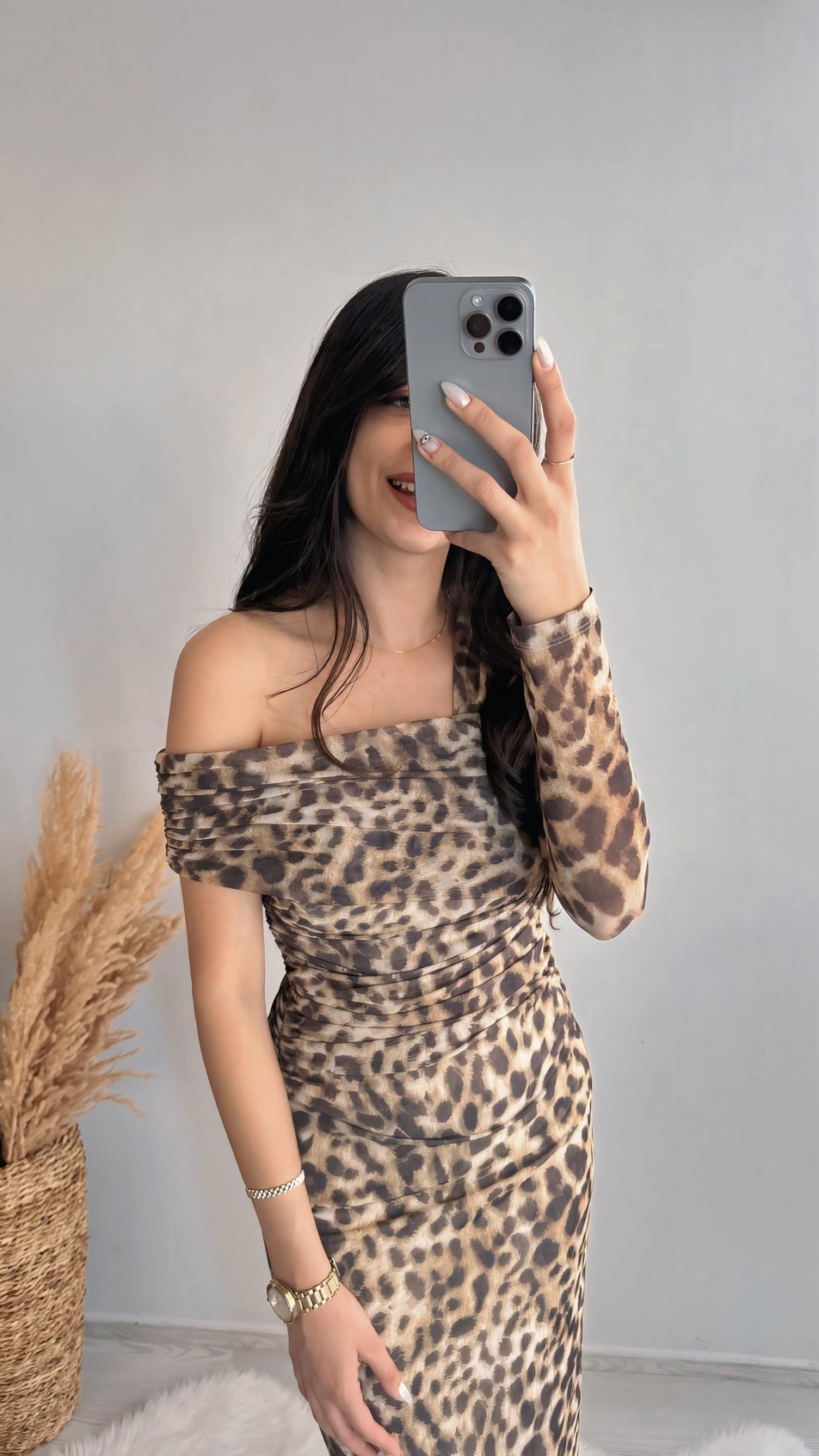 Quade Leopar Desenli Drape Detaylı Tül Midi Elbise 