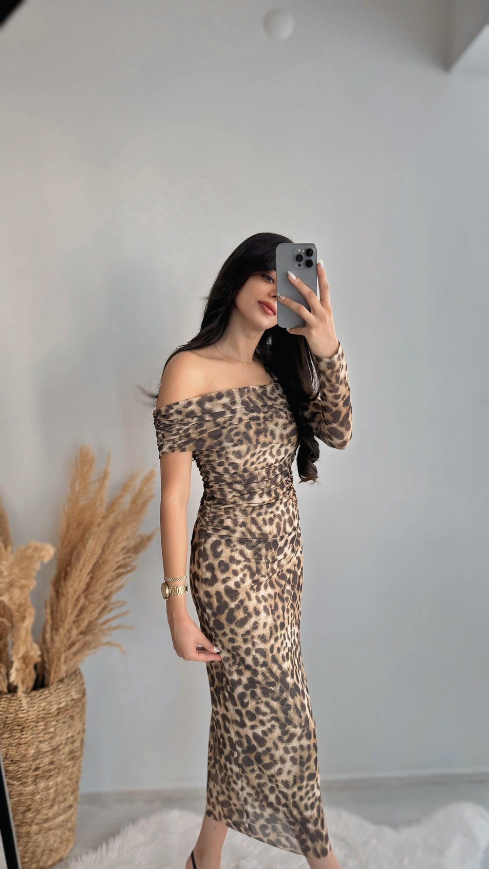 Quade Leopar Desenli Drape Detaylı Tül Midi Elbise 