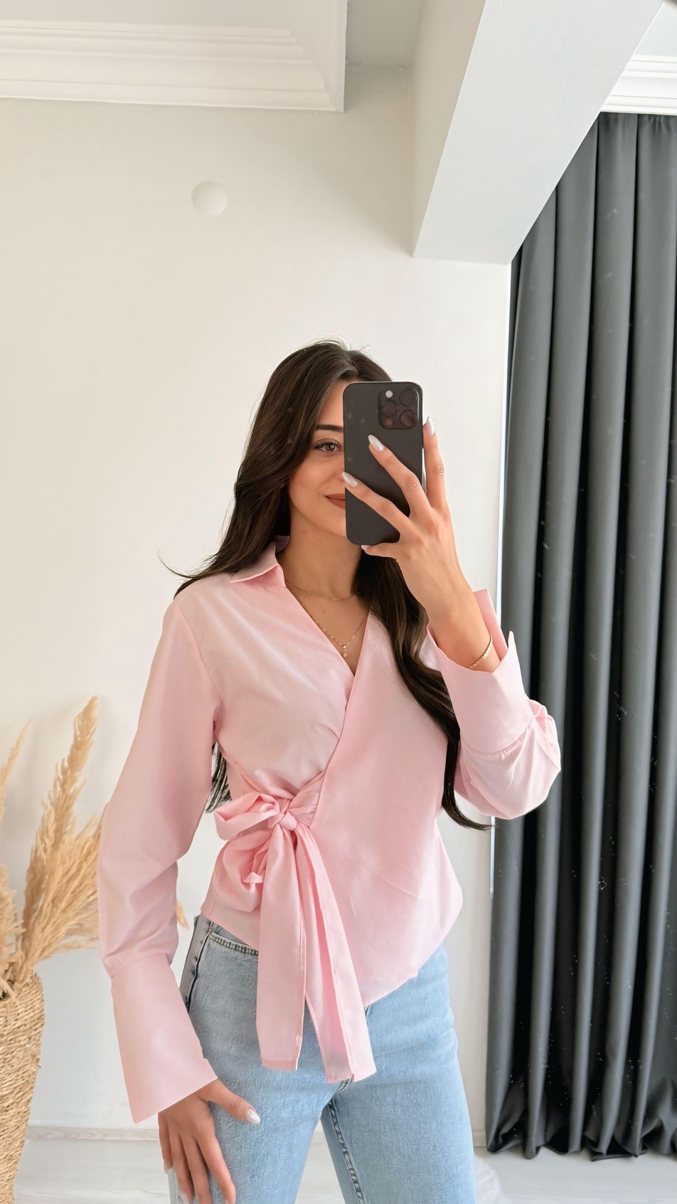 Ruffle Pembe Kruvaze Bağlamalı Gömlek
