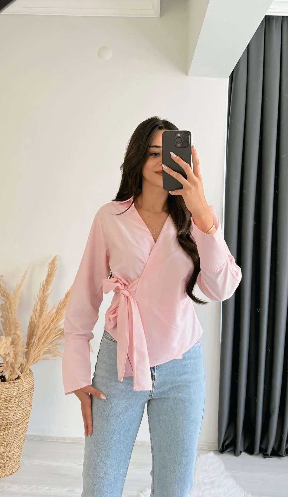 Ruffle Pembe Kruvaze Bağlamalı Gömlek
