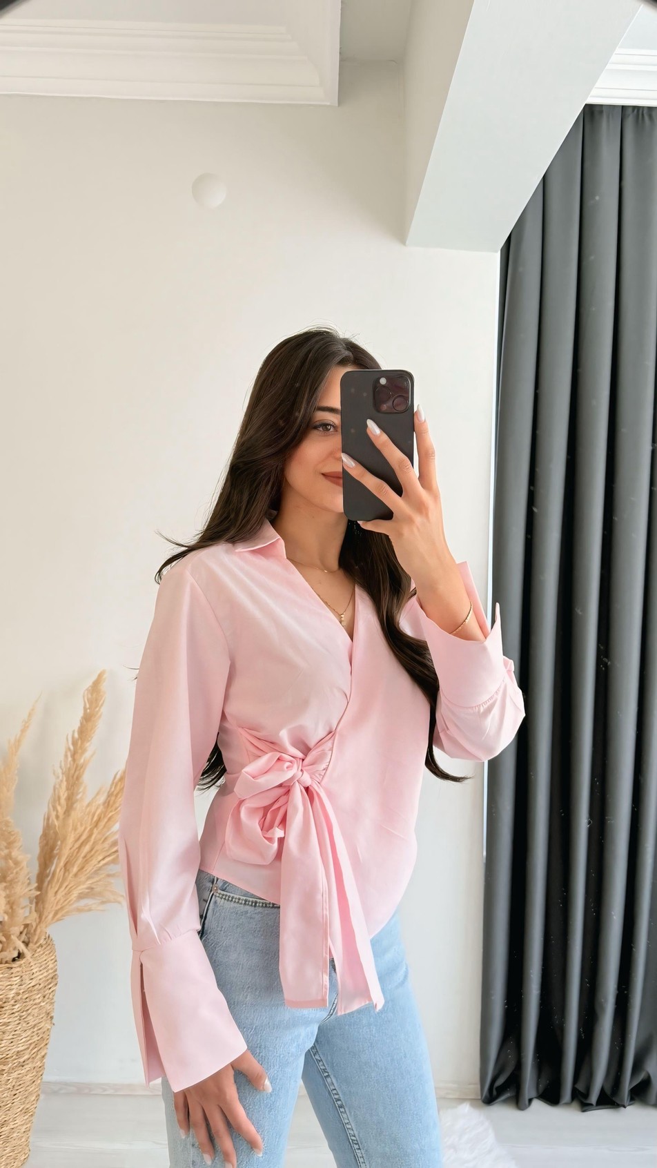 Ruffle Pembe Kruvaze Bağlamalı Gömlek