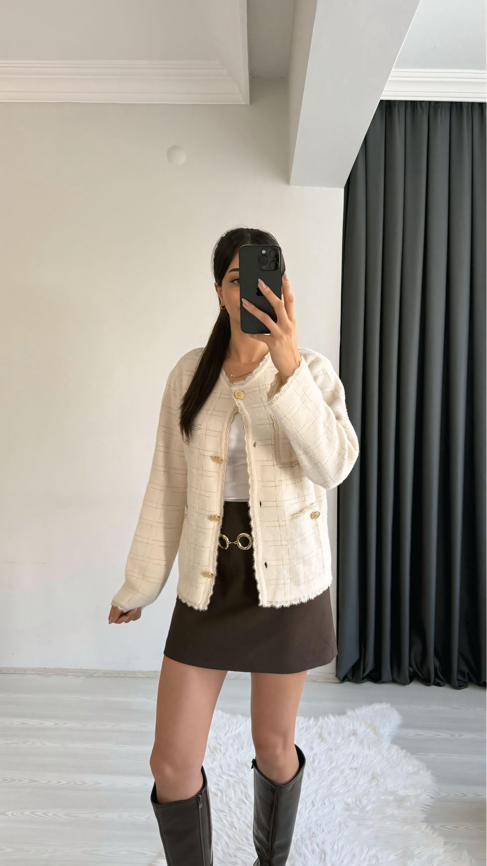 Sammy Premium Gold Geçişli Triko Hırka Ceket Krem