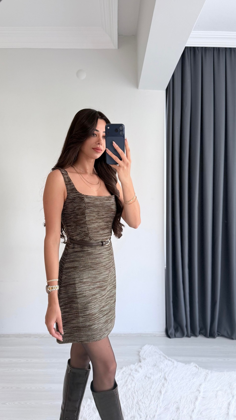 SanyaTüvit Kemerli Kahve Elbise