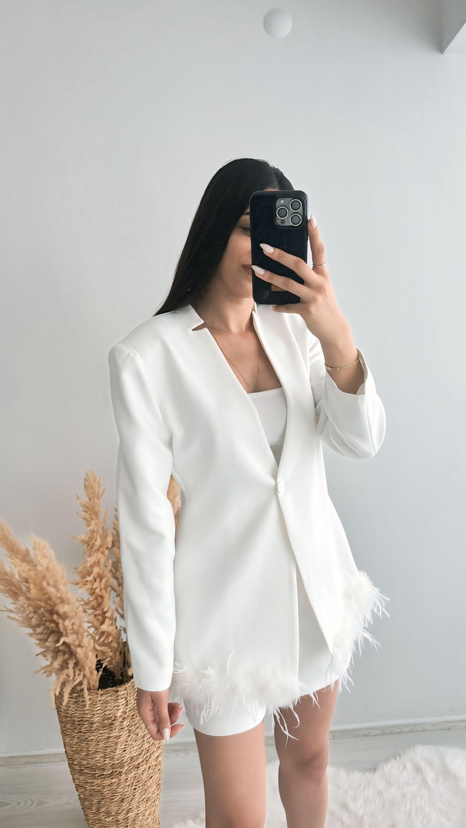 Tasarım Tüylü Tek Düğmeli Blazer Ceket Beyaz