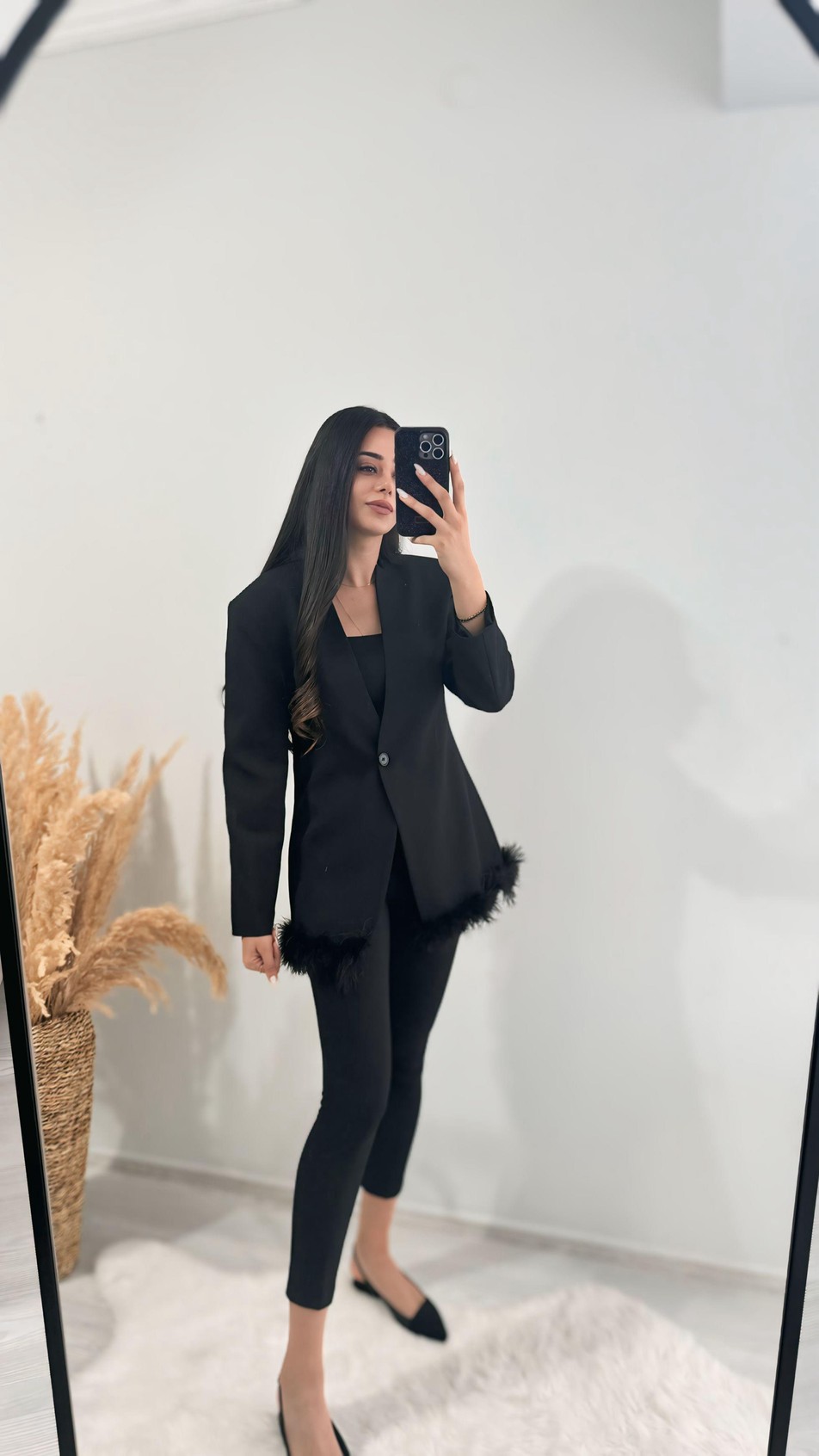 Tasarım Tüylü Tek Düğmeli Blazer Ceket Siyah