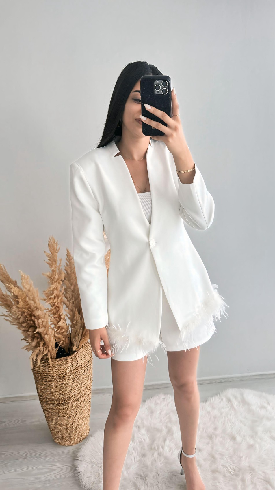 Tasarım Tüylü Tek Düğmeli Blazer Ceket Beyaz