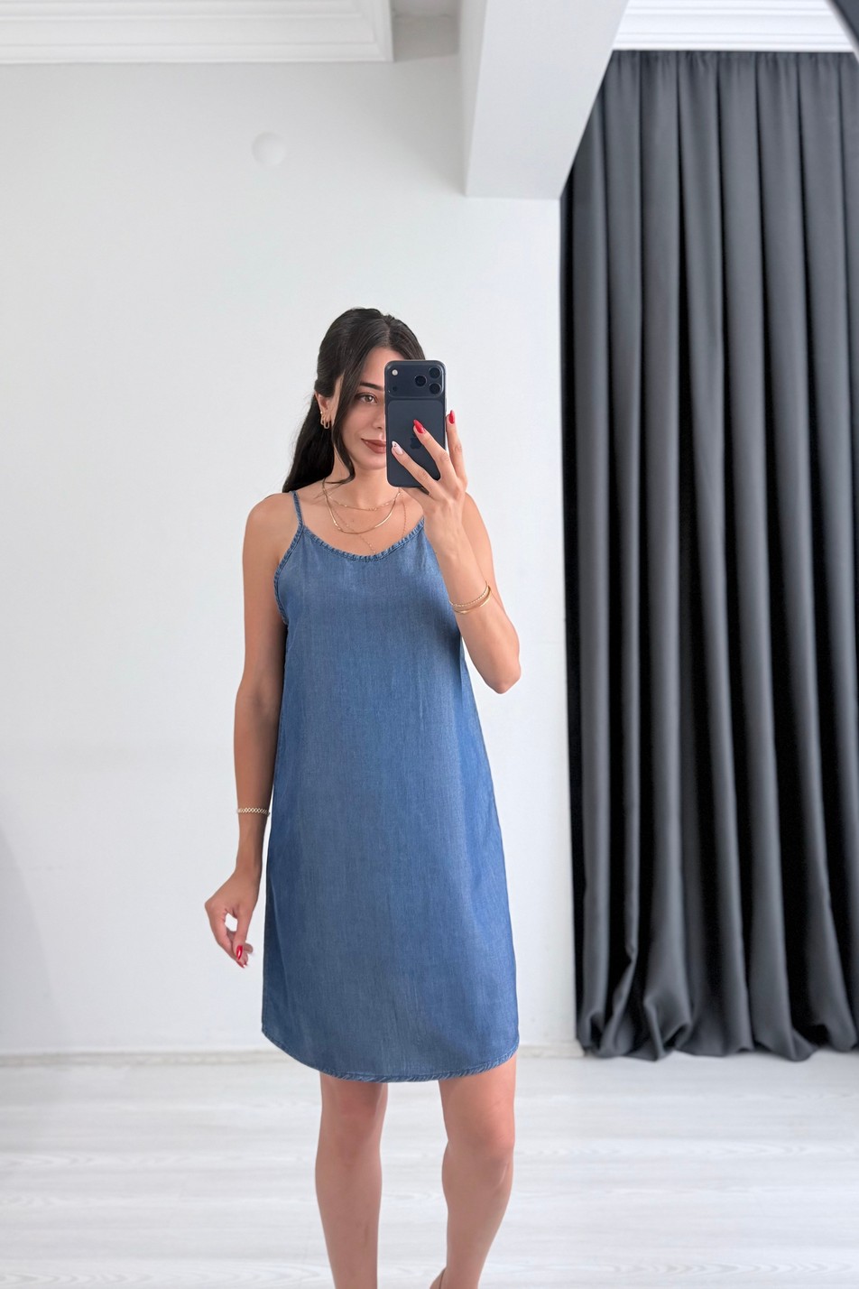 Tayna  İpek Tensel Koyu Mavi Denim Elbise