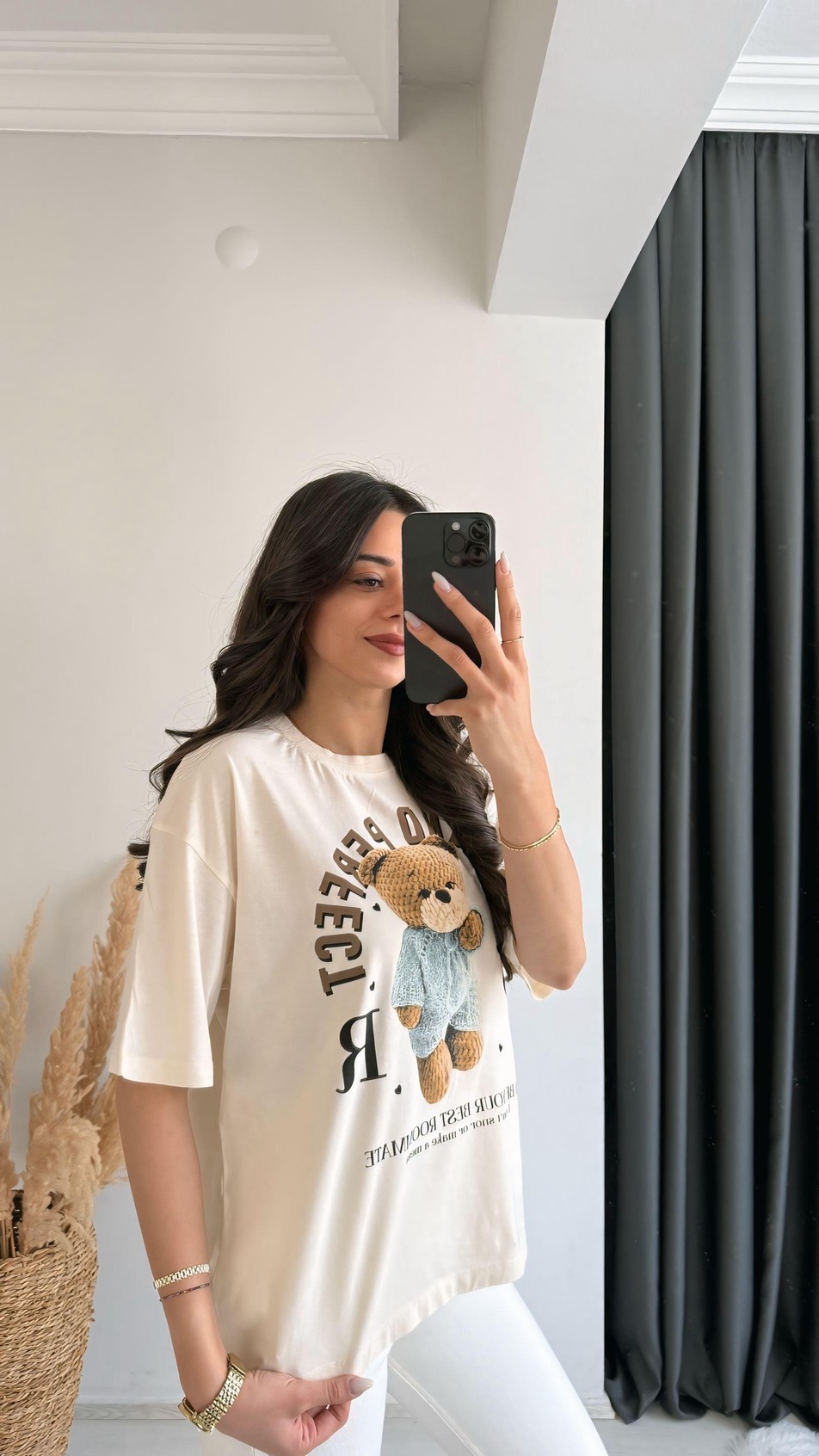 Teddy Baskılı Pamuklu  Basic Tshirt Bej