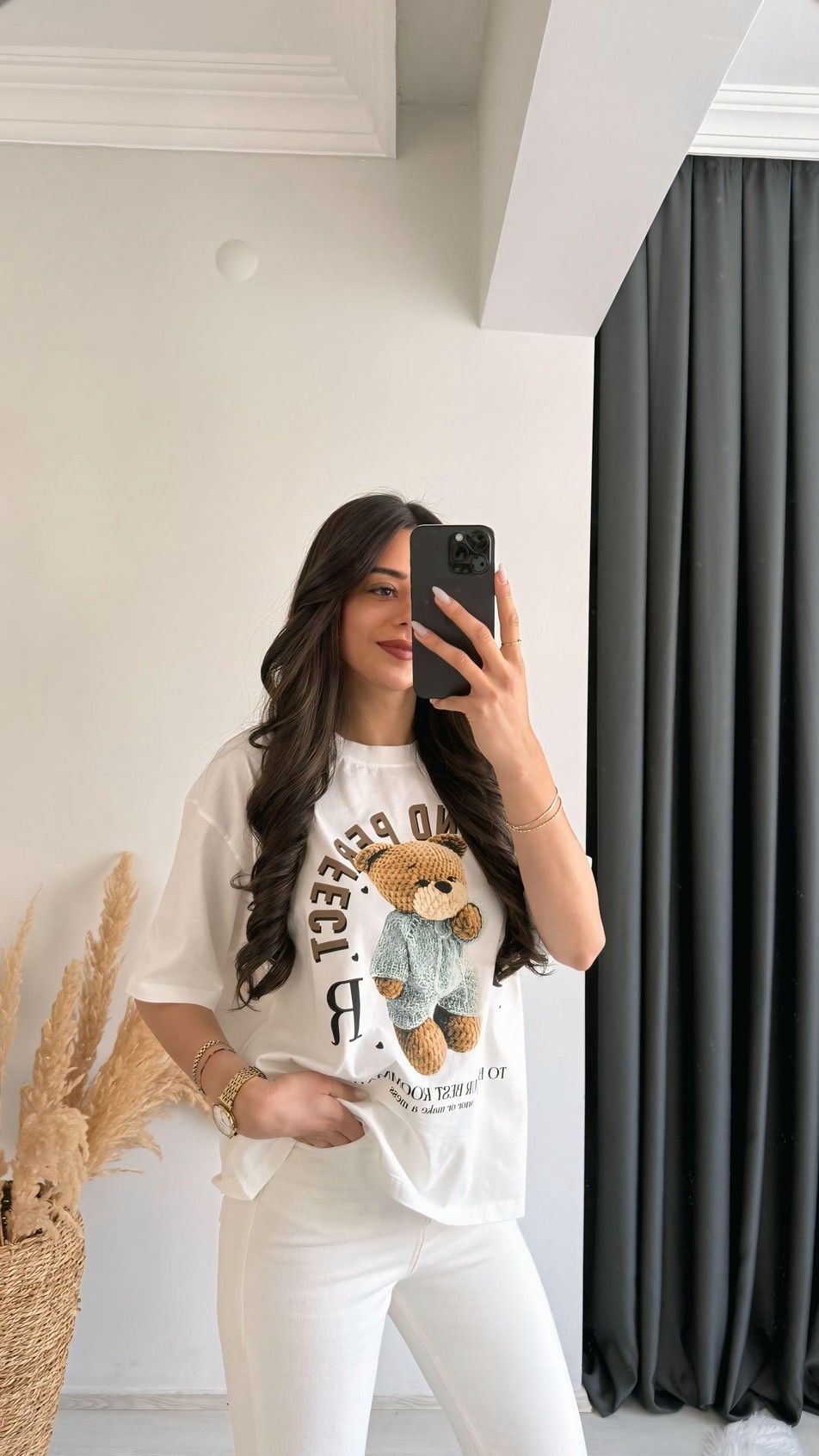 Teddy Baskılı Pamuklu  Basic Tshirt Beyaz
