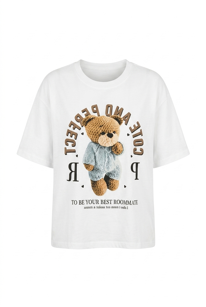 Teddy Baskılı Pamuklu  Basic Tshirt Beyaz