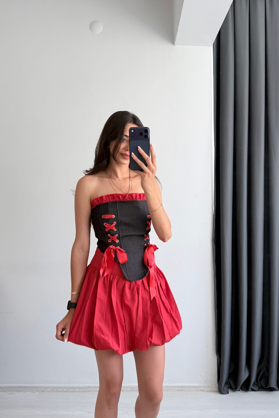 Tinky Kırmızı Büstiyer Etek Takım