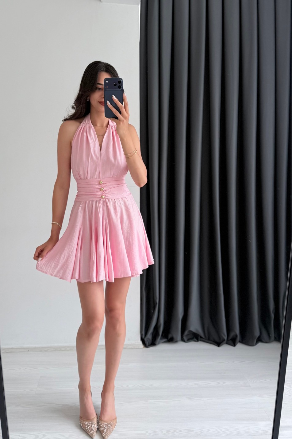 Vietnam Pembe Boyundan Bağlama Mini Elbise