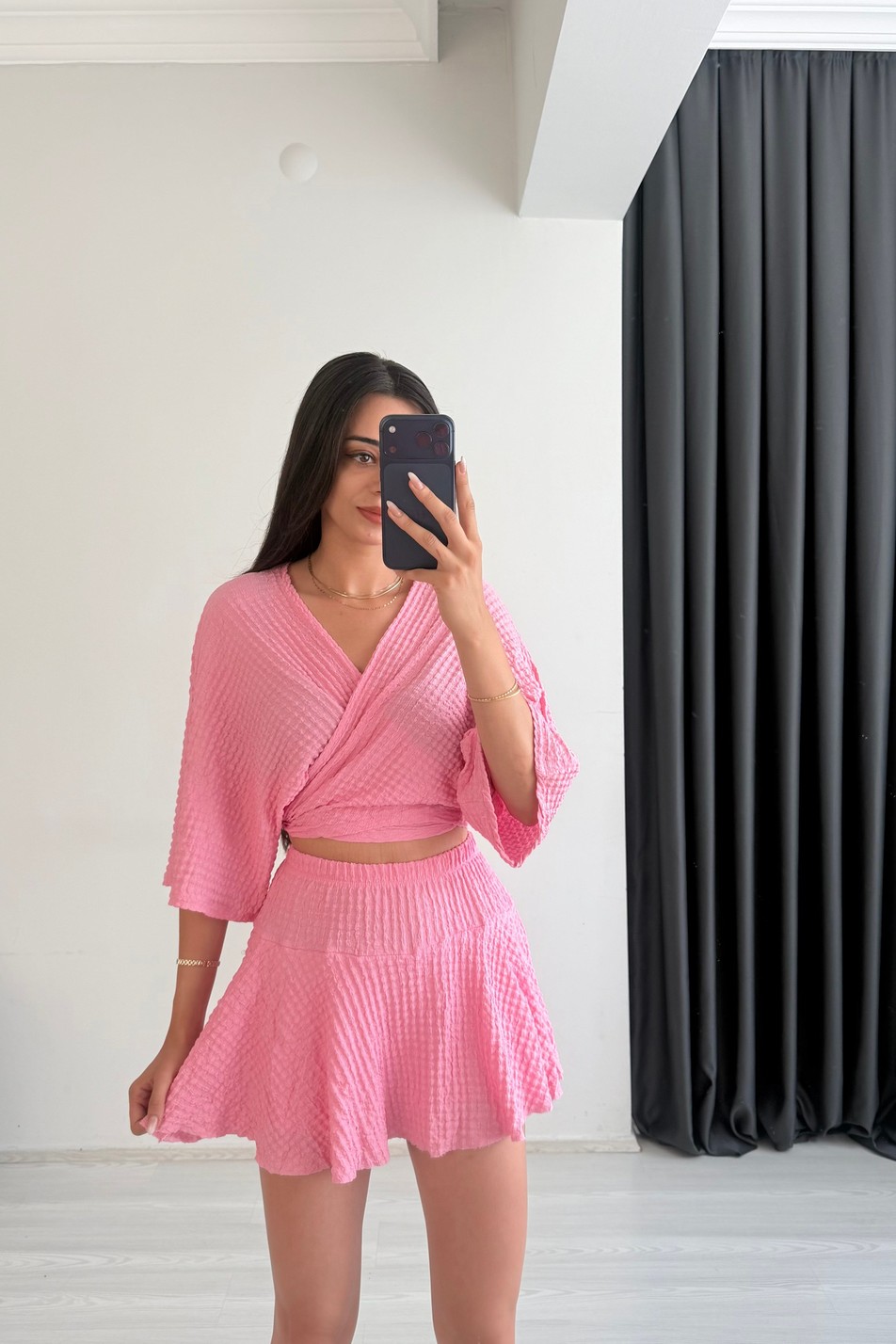 Viola Bürümcük Kumaş Pembe Etek Bluz Takım