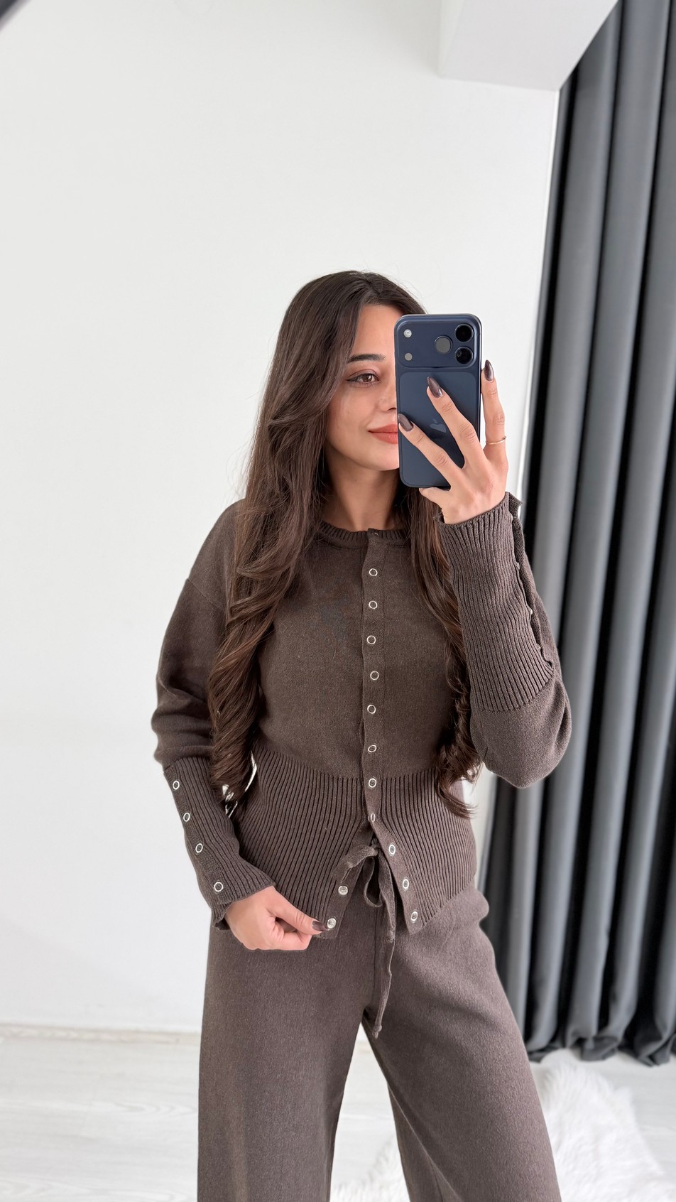 Welma Kahve Çıtçıt Düğmeli Triko Takım