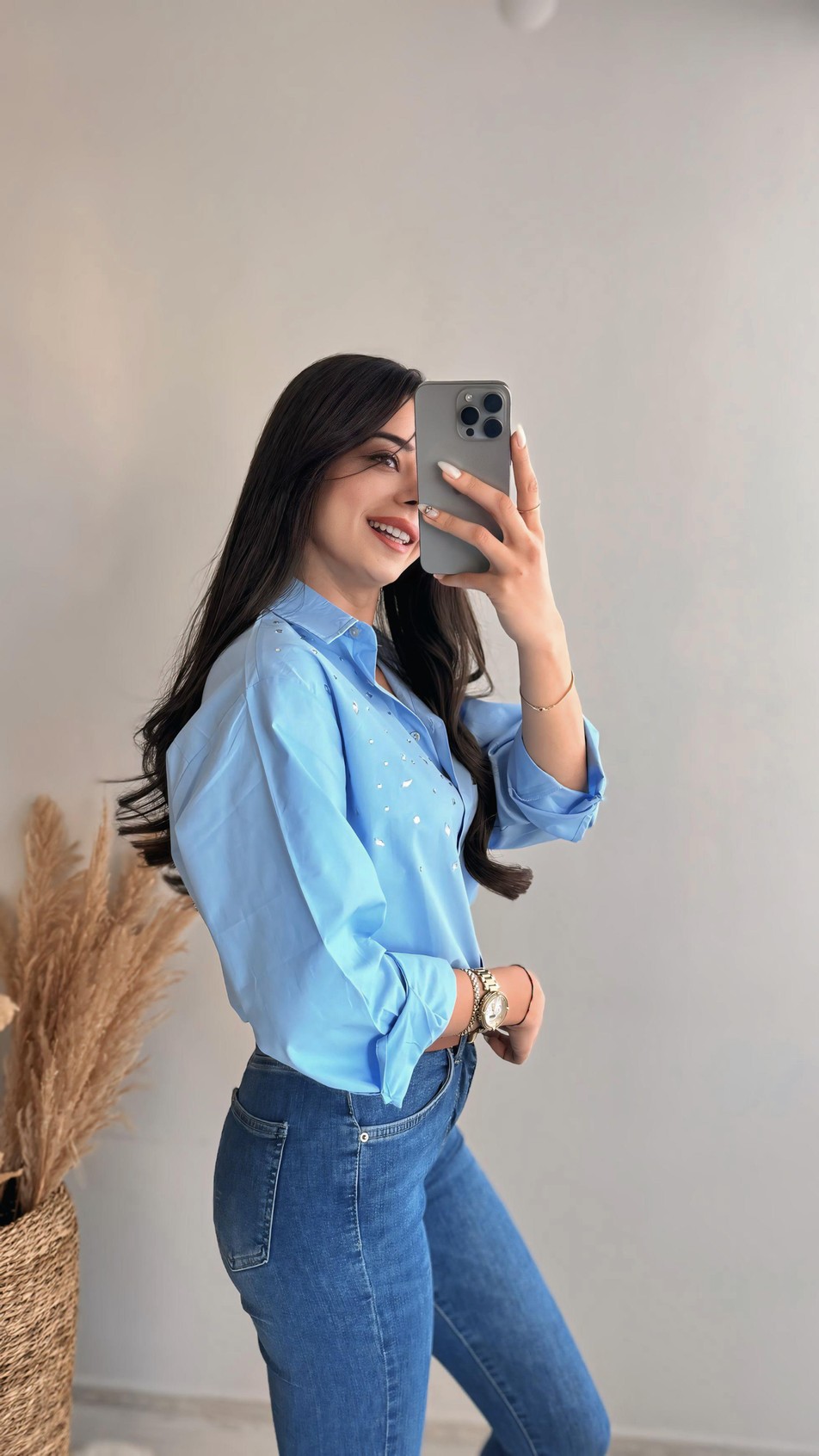 Wore Taş Detaylı Gömlek Mavi