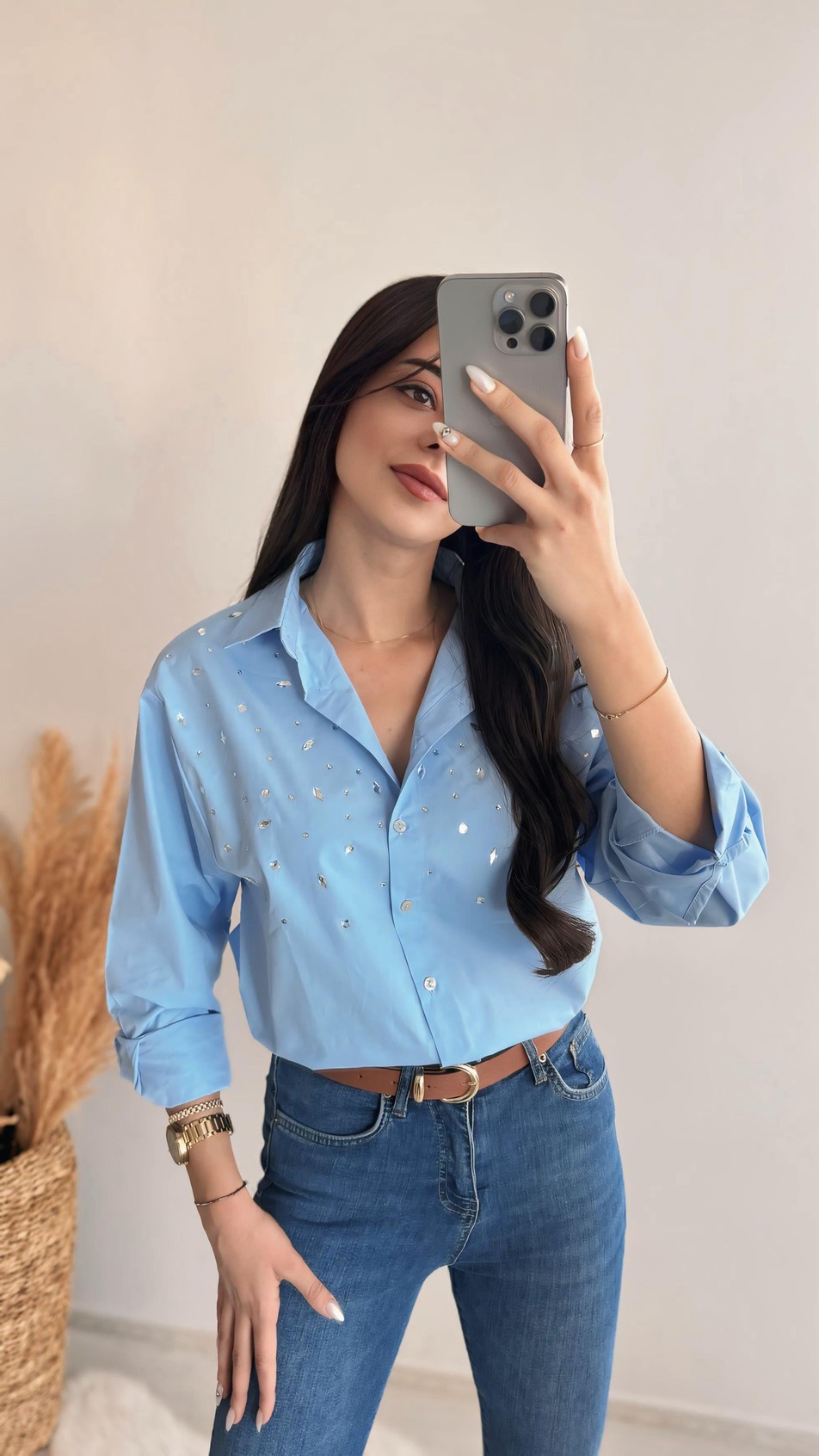 Wore Taş Detaylı Gömlek Mavi