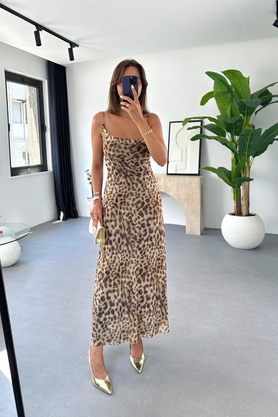 Tulla Leopar Desenli İp Askılı Tül Elbise