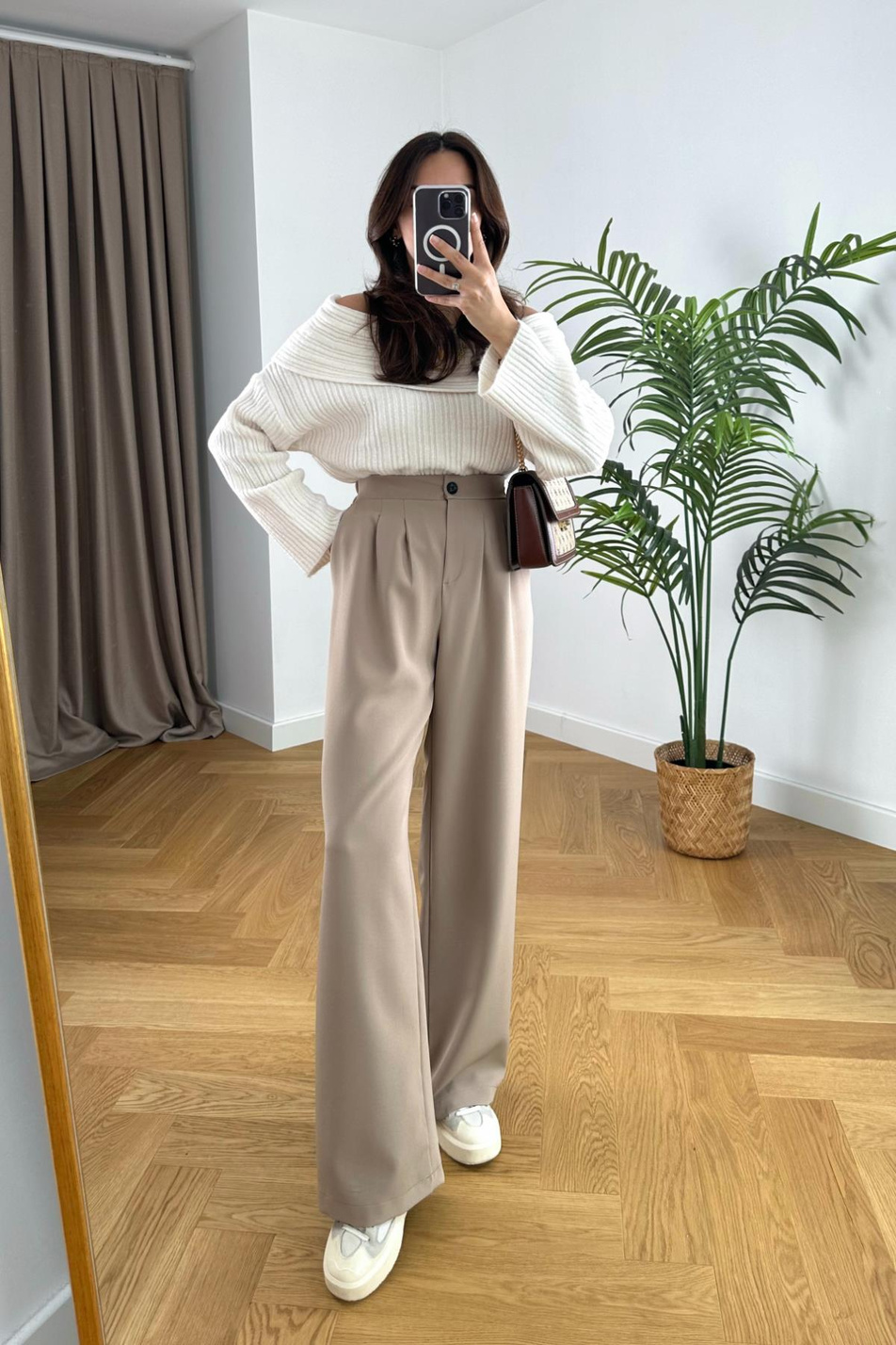 Loly Bej Beli Lastikli Palazzo Pantolon
