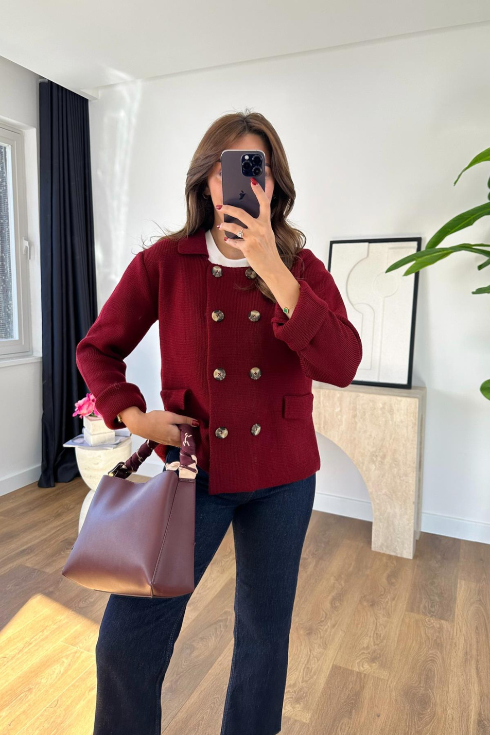 Lara Bordo Düğme Detaylı Triko Hırka