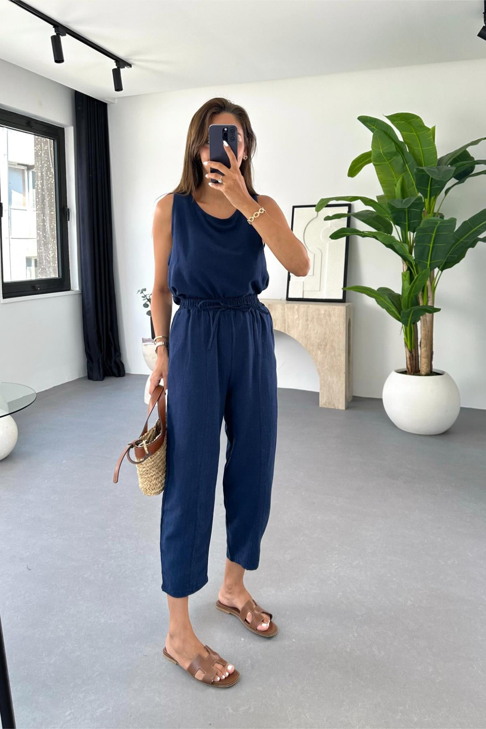 Tara Lacivert Beli Bağlamalı Bluz Pantolon Takım