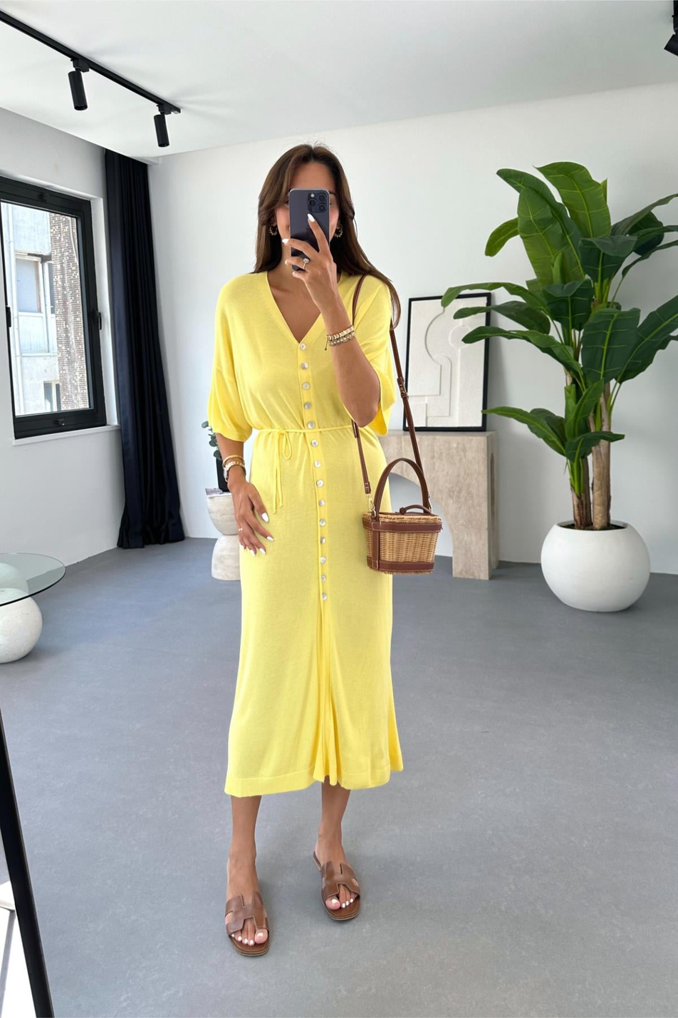 Yella Sarı Düğme Detaylı Elbise