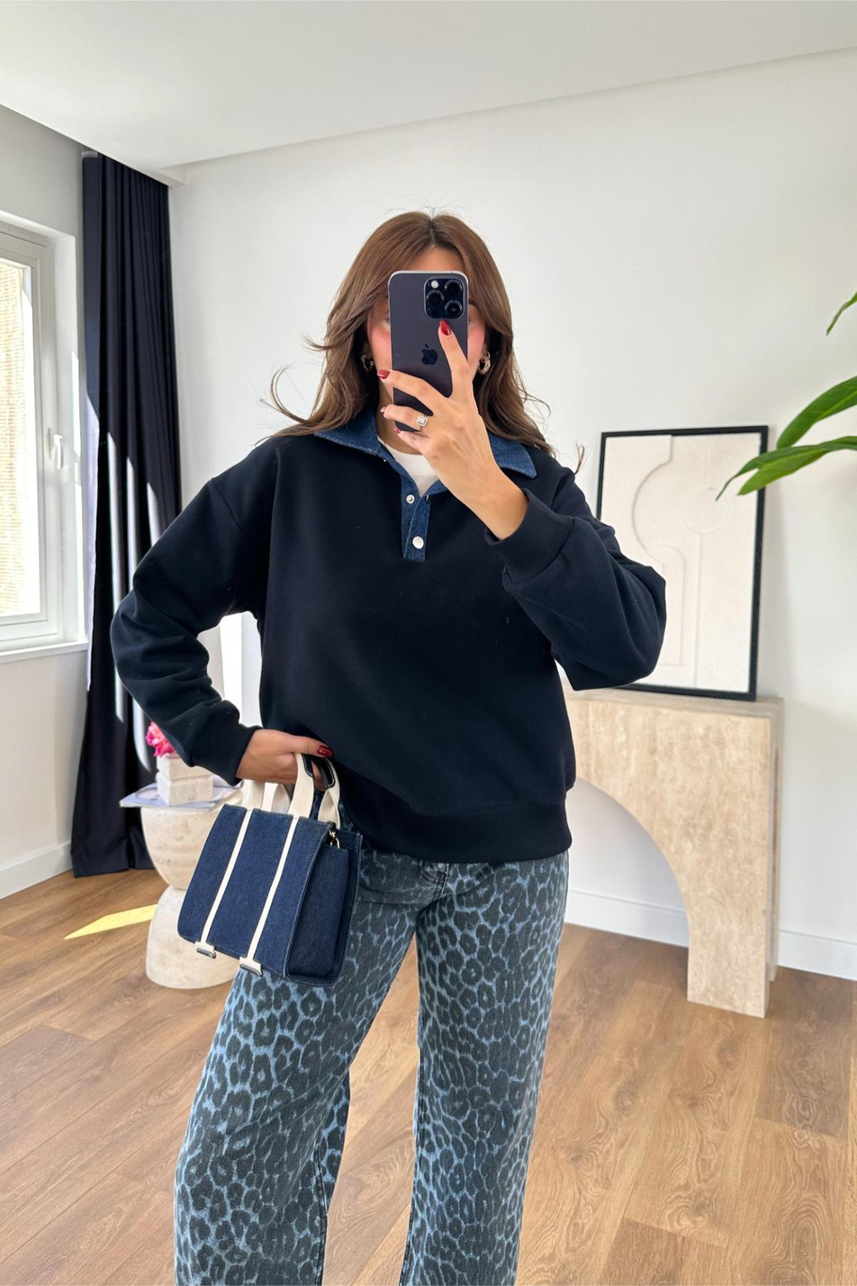 Poliz Lacivert Kot Yaka Detaylı Sweatshirt