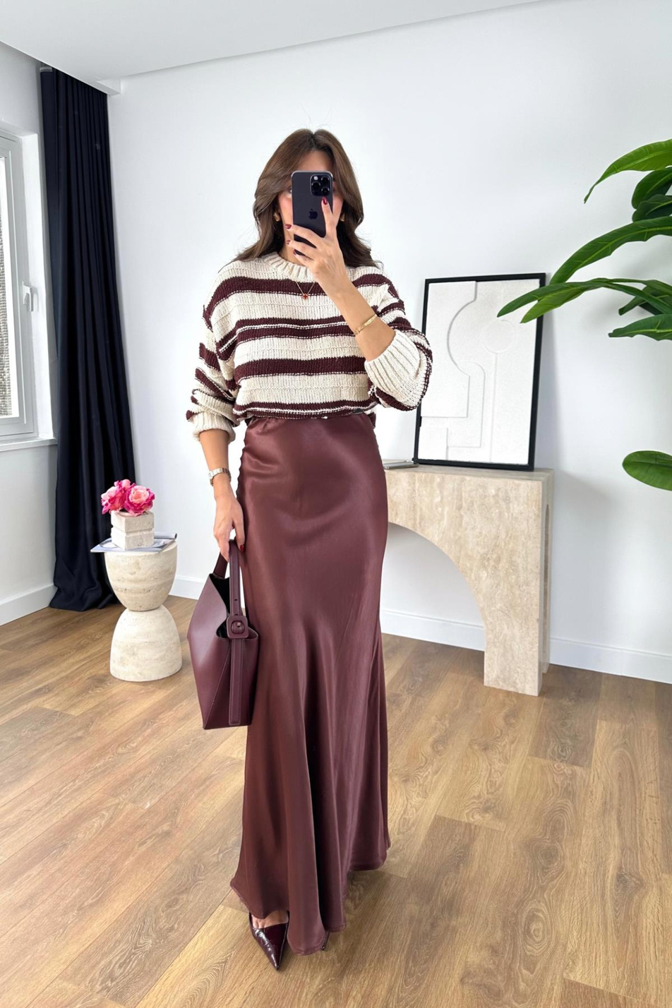 Shely Bordo Beli Lastikli Maxi Boy Saten Etek