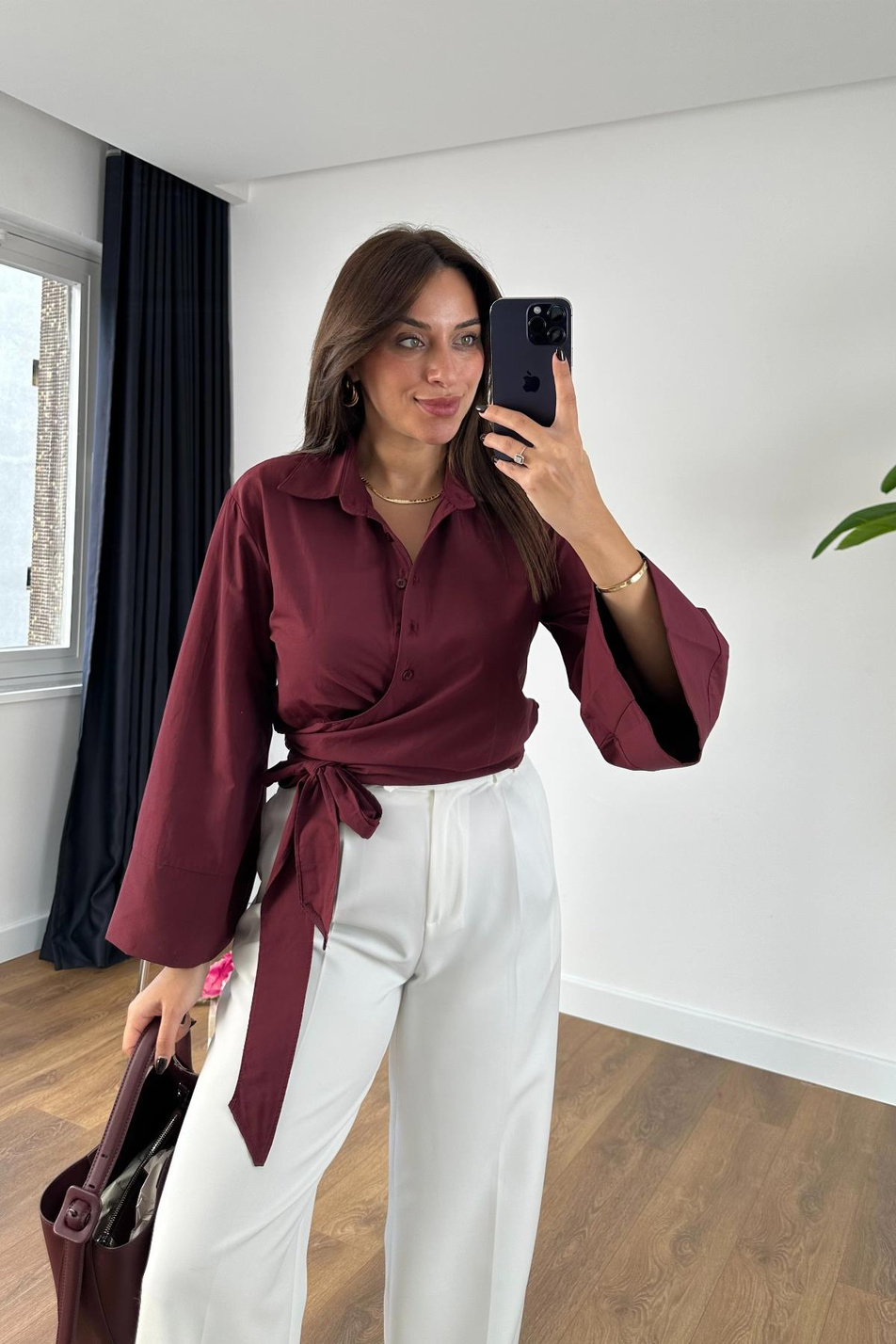 Leysa Bordo Geniş Kol Detaylı Bağlamalı Gömlek