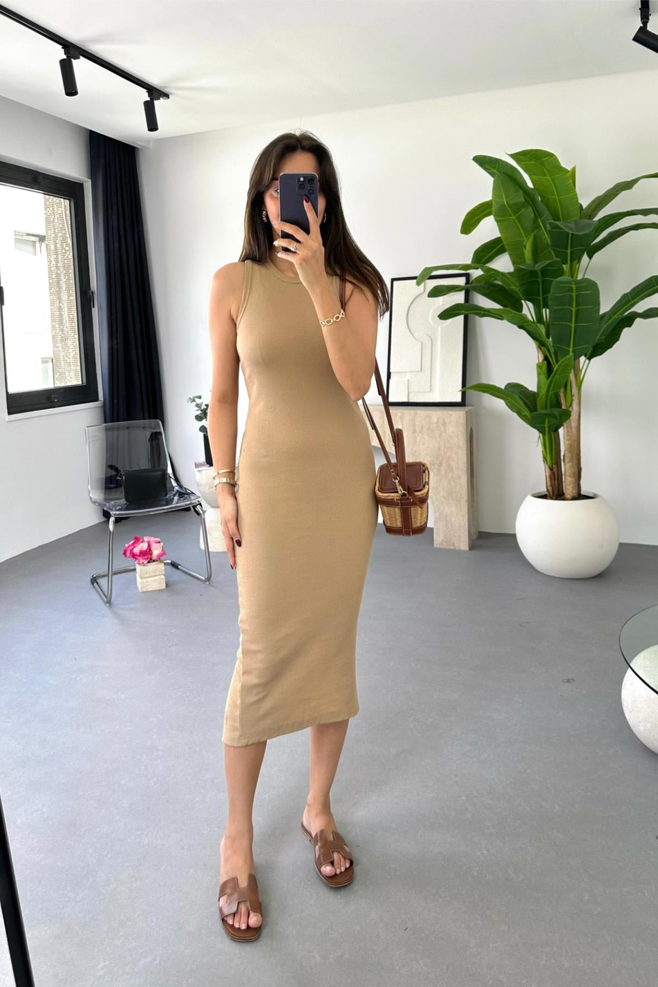 Bohem Camel Yırtmaç Detaylı Triko Elbise