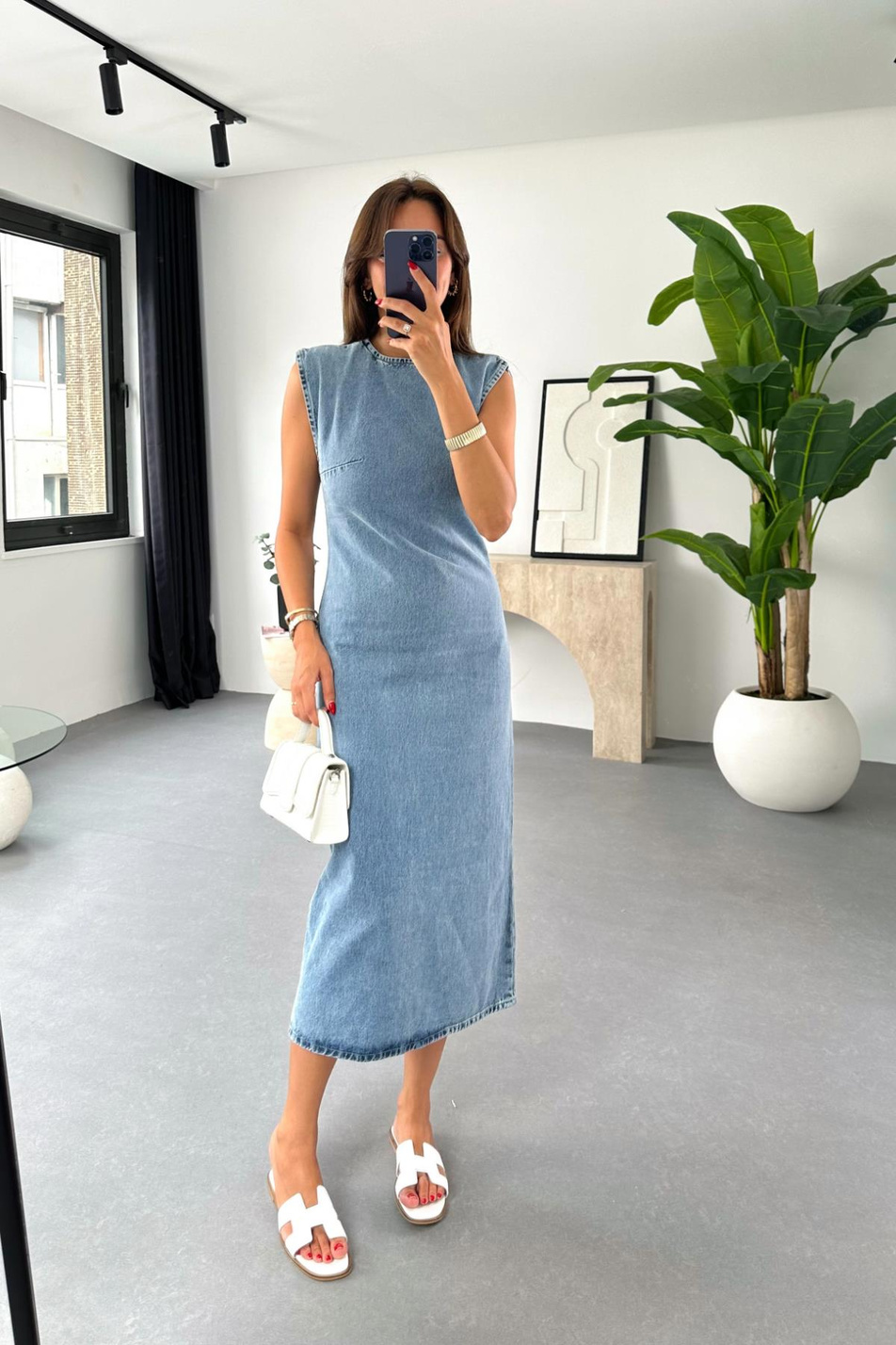 Dens Mavi Fermuar-Yırtmaç Detaylı Denim Elbise
