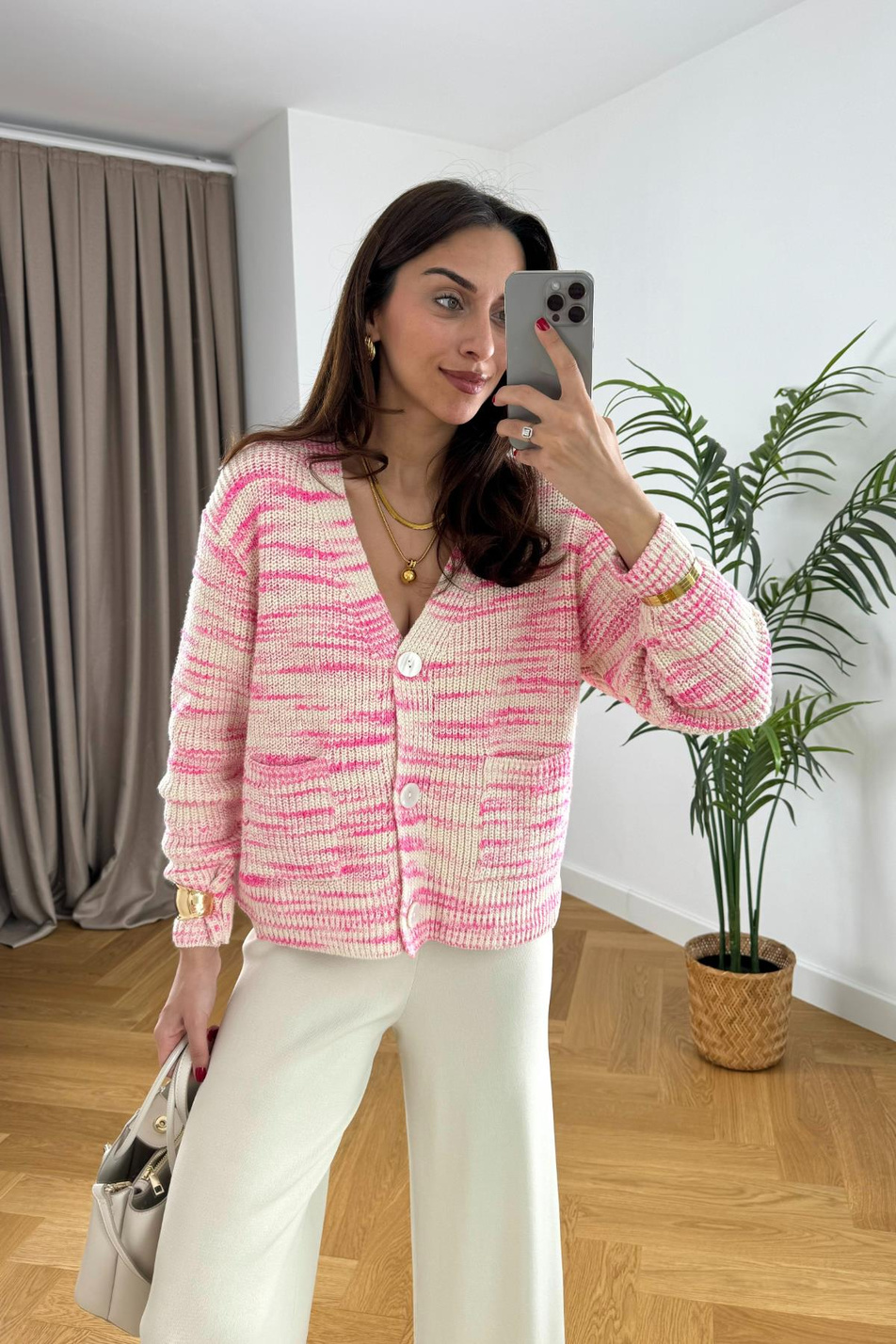 Shake Pembe Çizgili Düğmeli Triko Hırka