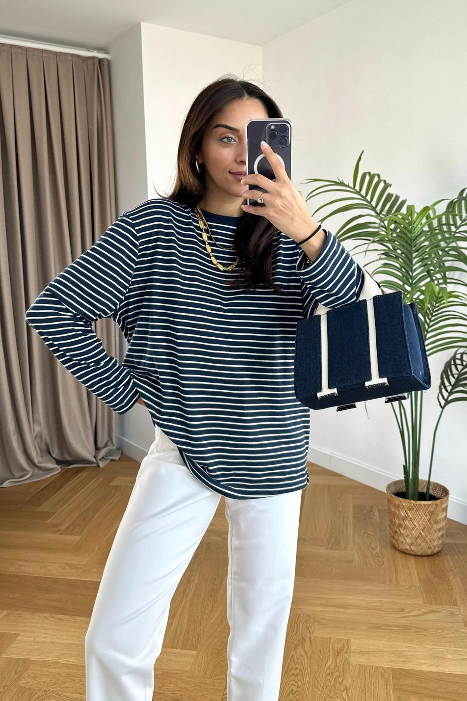 Lacivert Beyaz Çizgili Bisiklet Yaka Sweatshirt