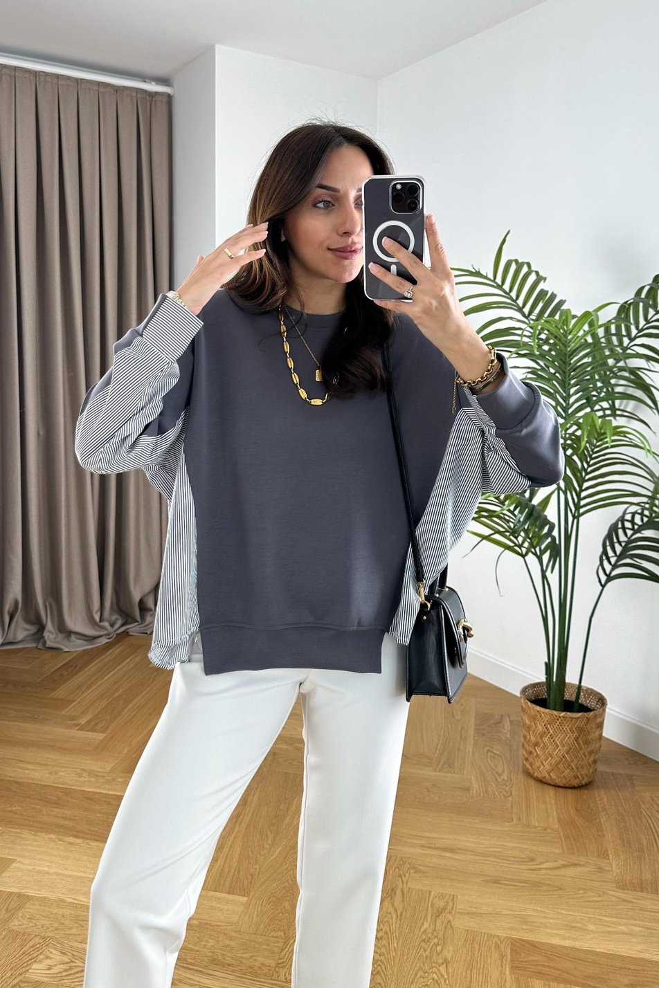 Gri Gömlek Detaylı Sweatshirt