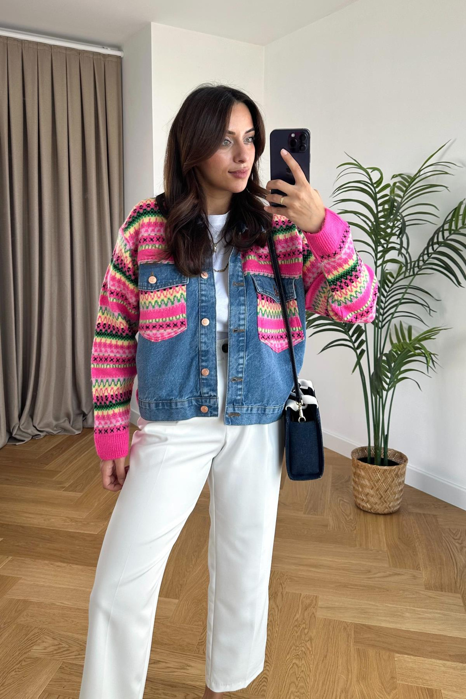 Triko Detaylı Denim Ceket