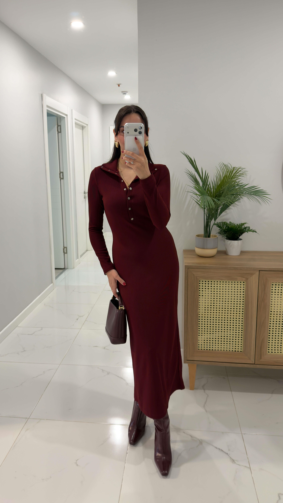 Aldosra Bordo Çıtçıt Düğme Detaylı Fitilli Triko Elbise