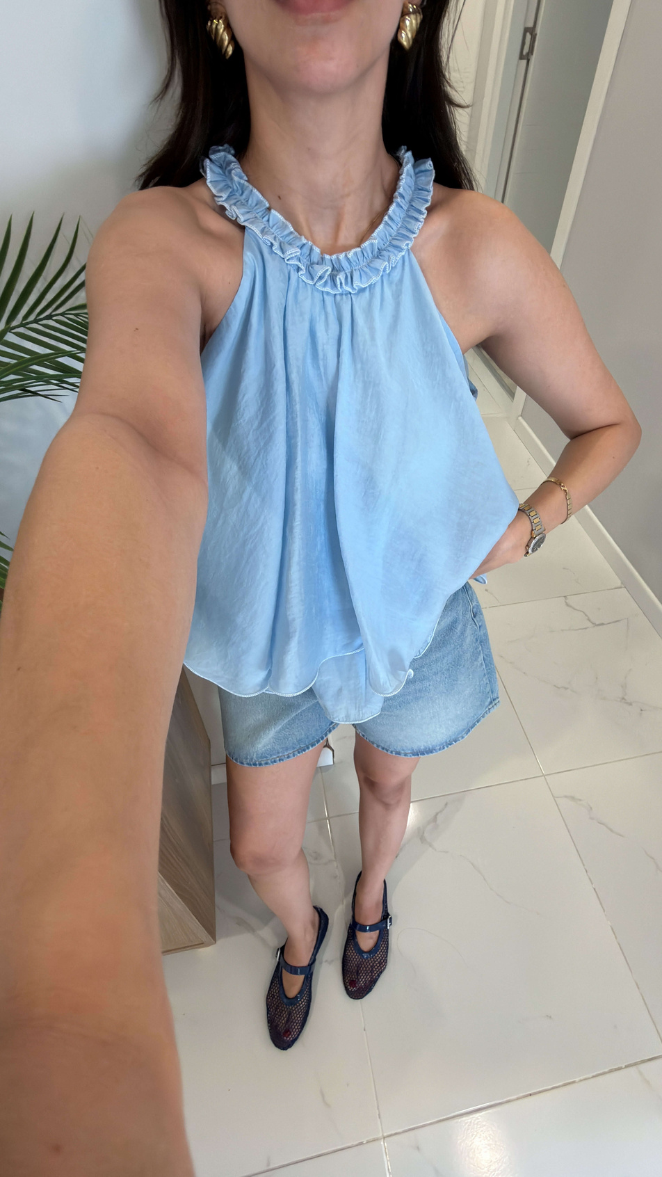 Balle Mavi Fırfırlı Bluz