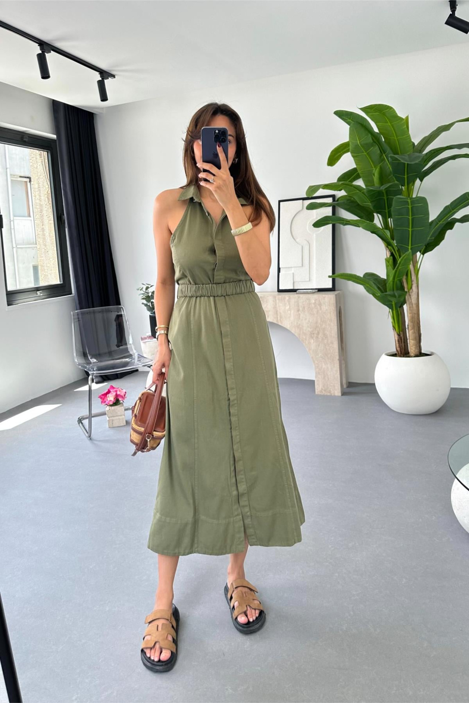 Loves Haki Halter Yaka Gabardin Elbise