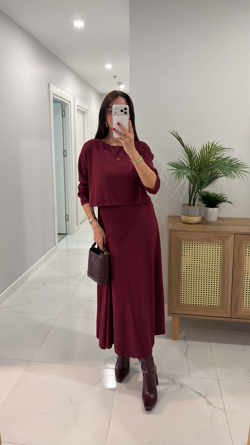 Derta Bordo Bluz Elbise Takım