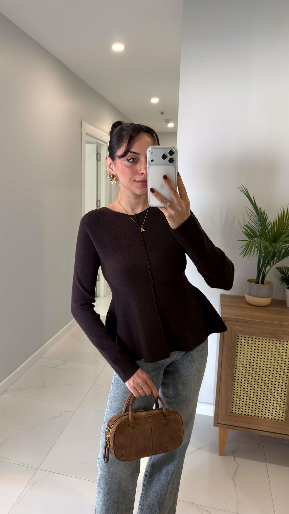 Dilvin Cersa Koyu Kahve Bisiklet Yaka Peplum Triko