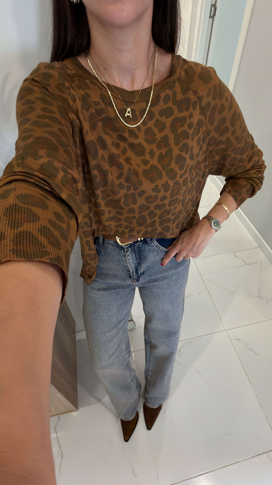 Dlvin Teds Taba Bisiklet Yaka Leopar Baskılı Triko