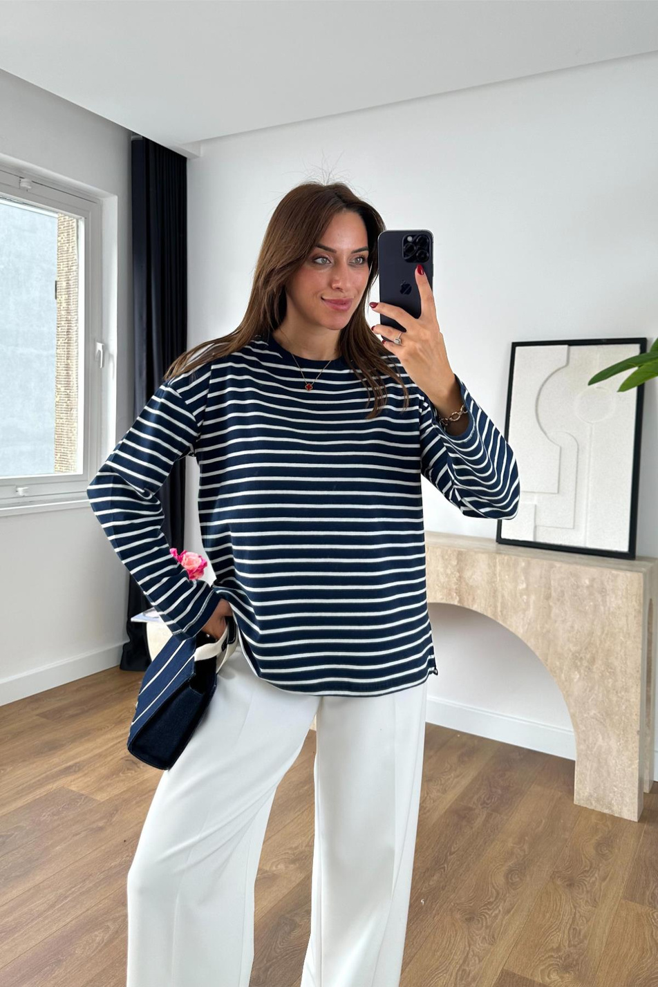 Cesina Lacivert Beyaz Çizgili Bisiklet Yaka Sweatshirt