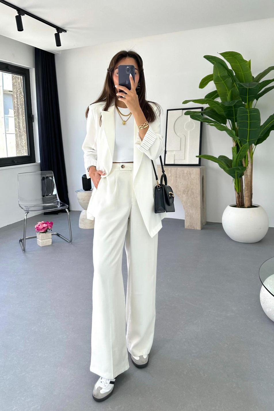Dosy Beyaz Blazer Ceket Palazzo Pantolon Takım